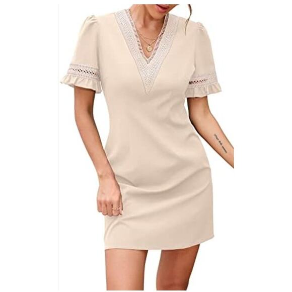 Women Dress Lace V Neck Ruffle Sleeve Casual Short Mini Dress Ligth Khaki Size M - Picture 14 of 14